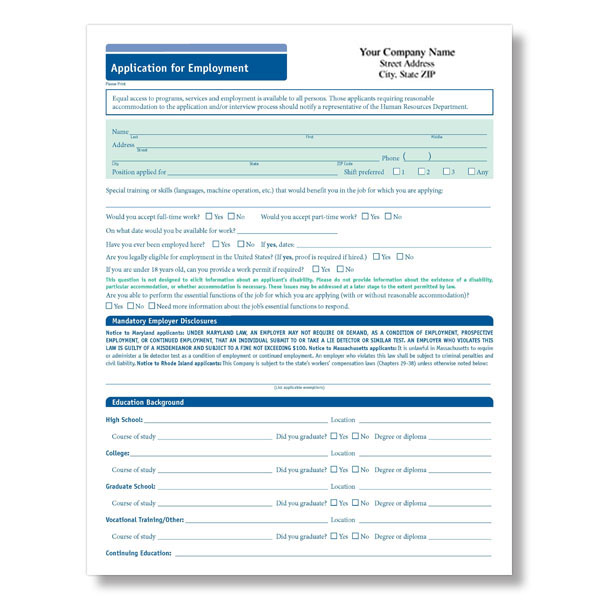 50 State Double-sided Employment Application Forms