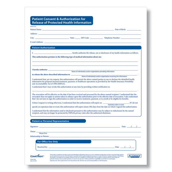 HIPAA Patient Consent & Authorization For Release of PHI