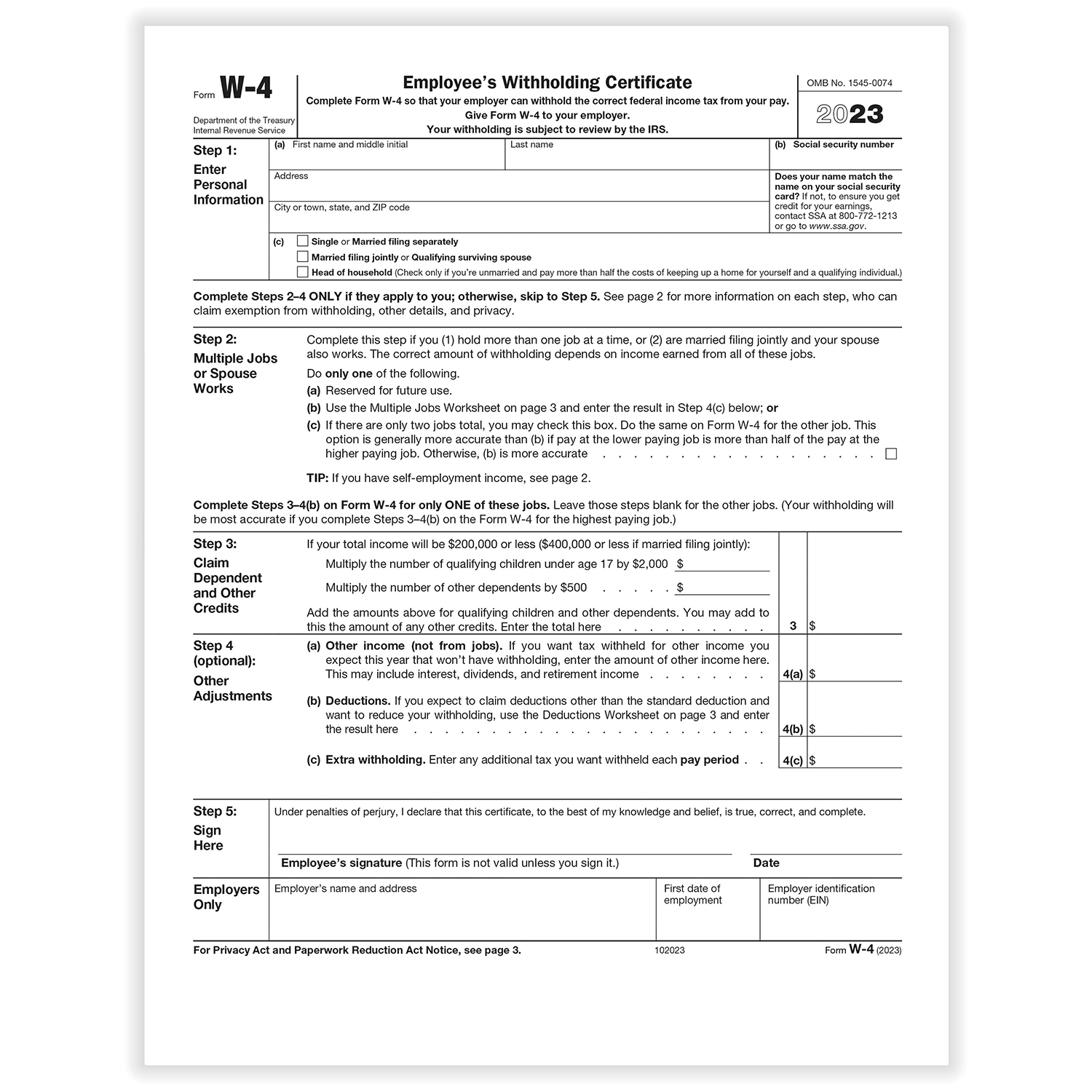 W4 Form 2023 Pdf Fillable Printable Forms Free Online