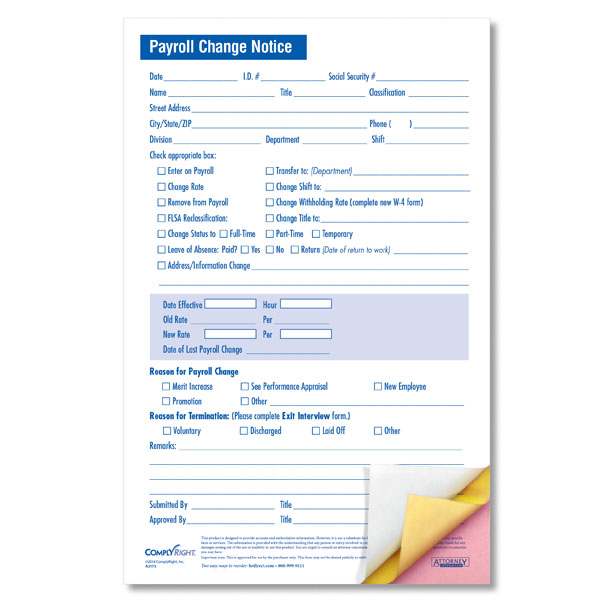 Small Payroll Status Change Form - 3-Part