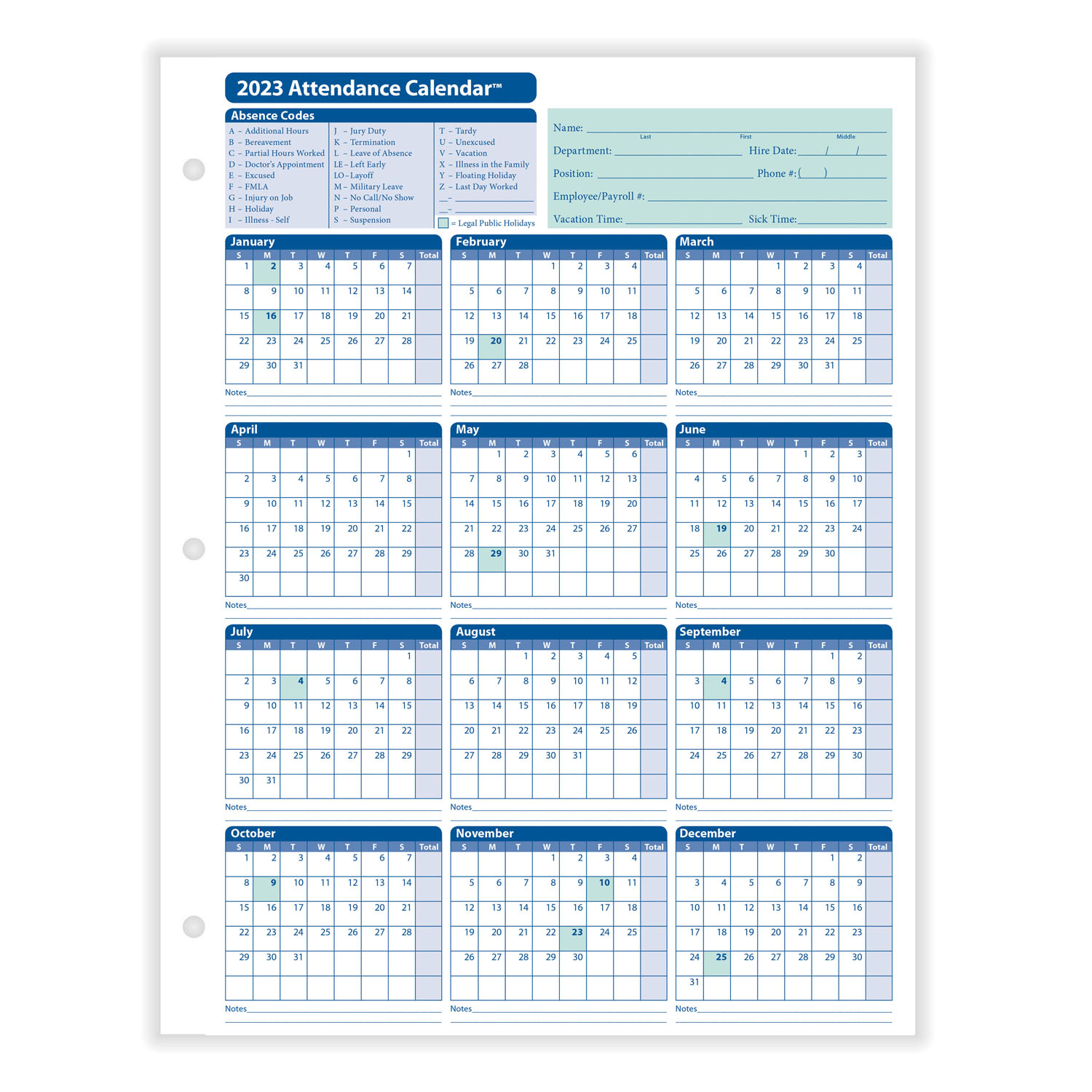 Free Printable 2024 Employee Vacation Calendar 2024 CALENDAR PRINTABLE   A4000 2023 Monthly Employee Attendance Calendar Sheet Front Xl 