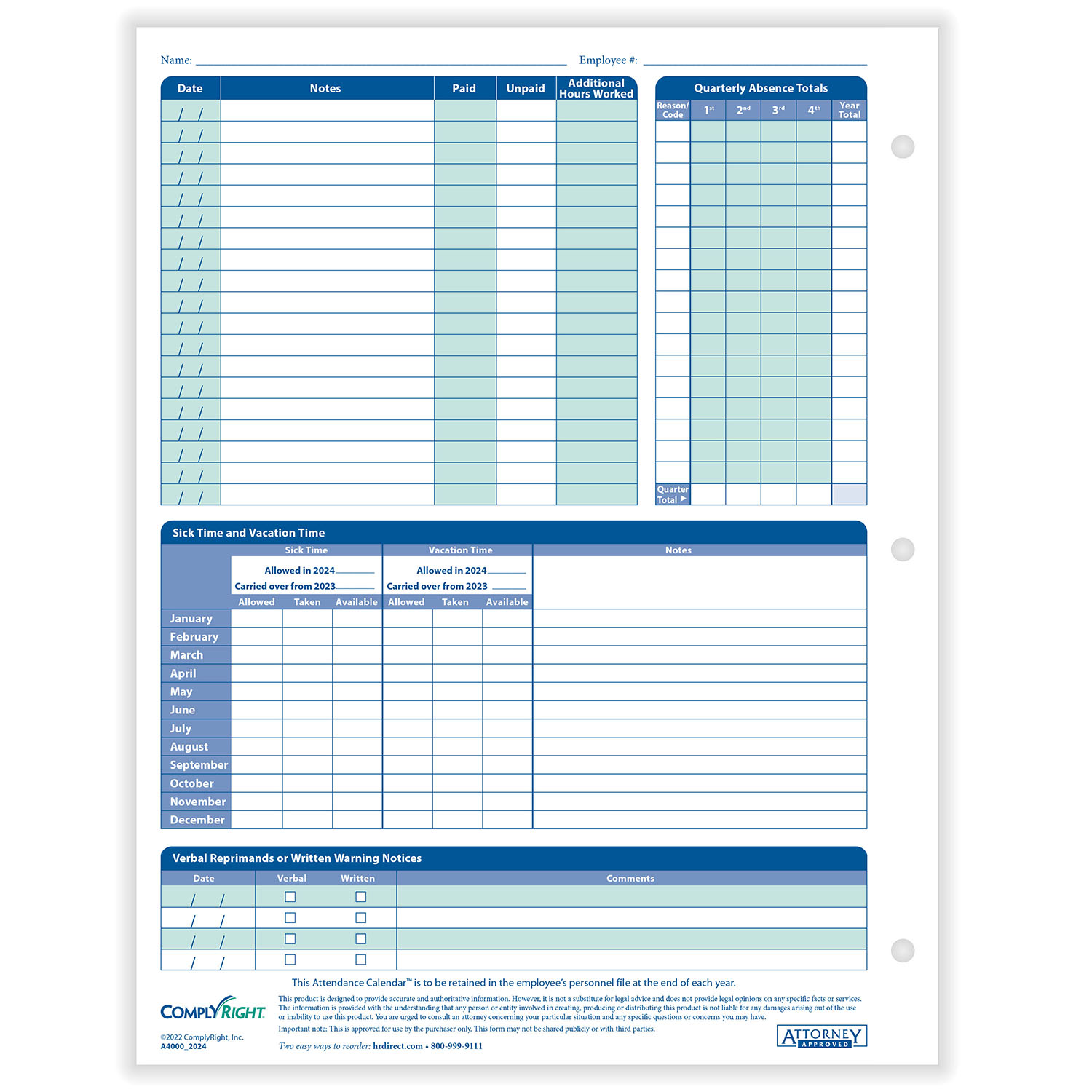 2024 Yearly Employee Attendance Calendar | Yearly Calendar | HRdirect