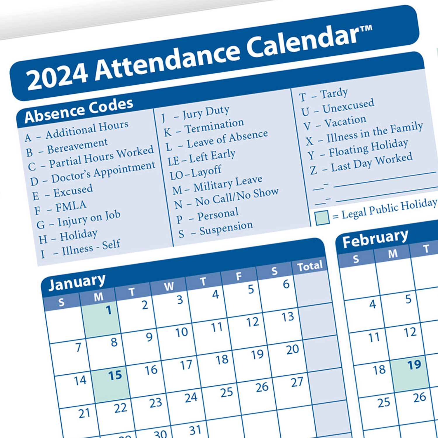 A4000 2024 Monthly Employee Attendance Calendar Sheet Codes Xl 