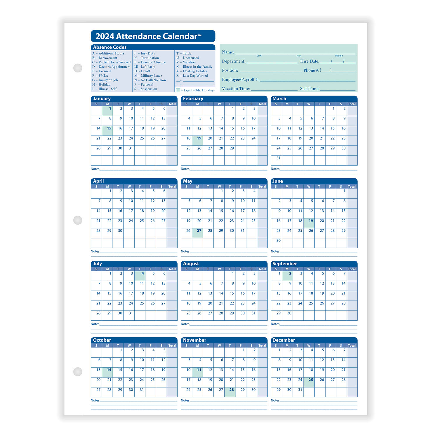2024 Monthly Employee Attendance Calendar Sheet