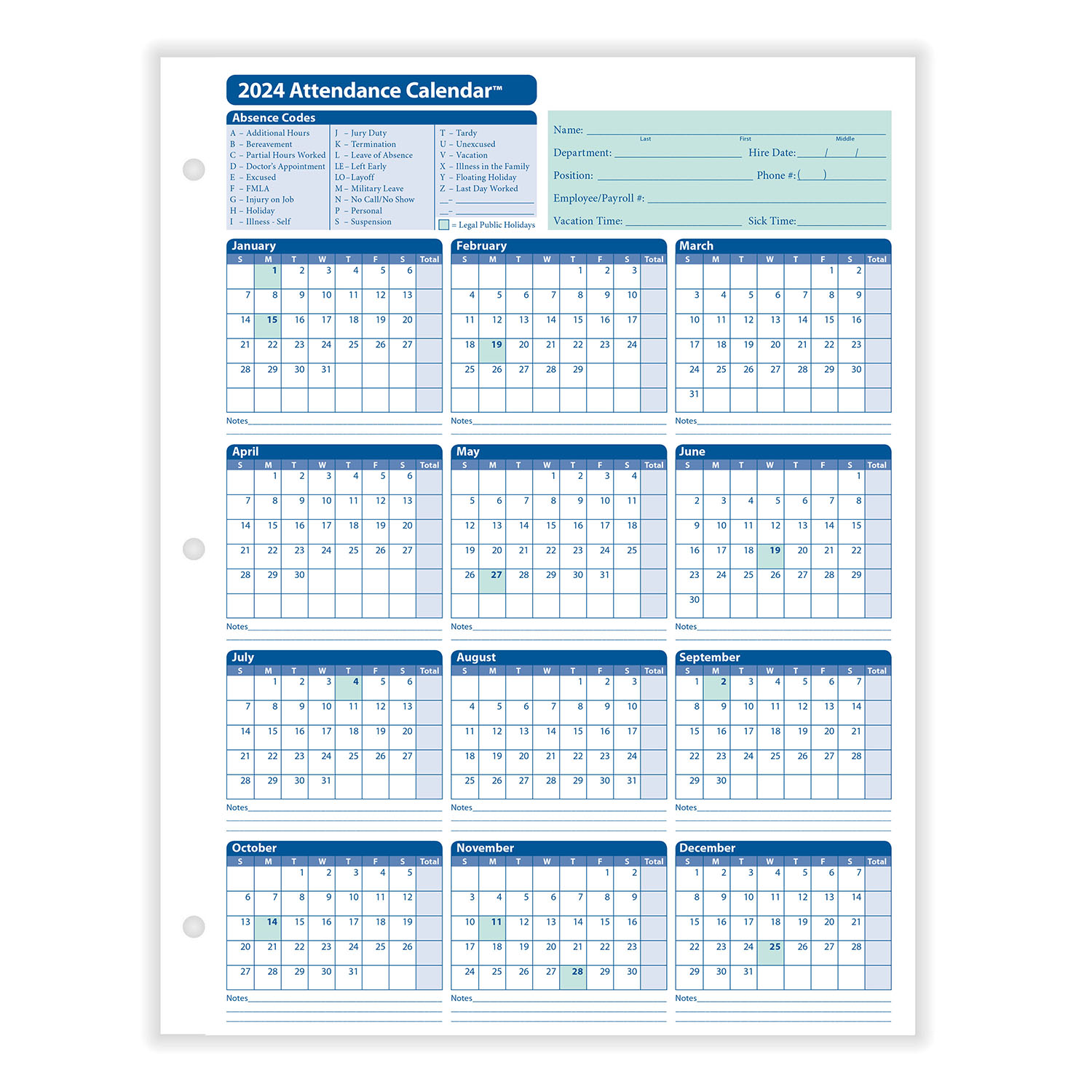 Employee Attendance Calendar 2024 Printable Lola Sibbie