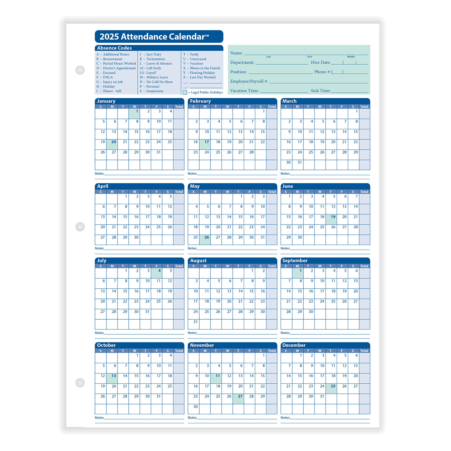 2025 Yearly Employee Attendance Calendar | Yearly Calendar | HRdirect