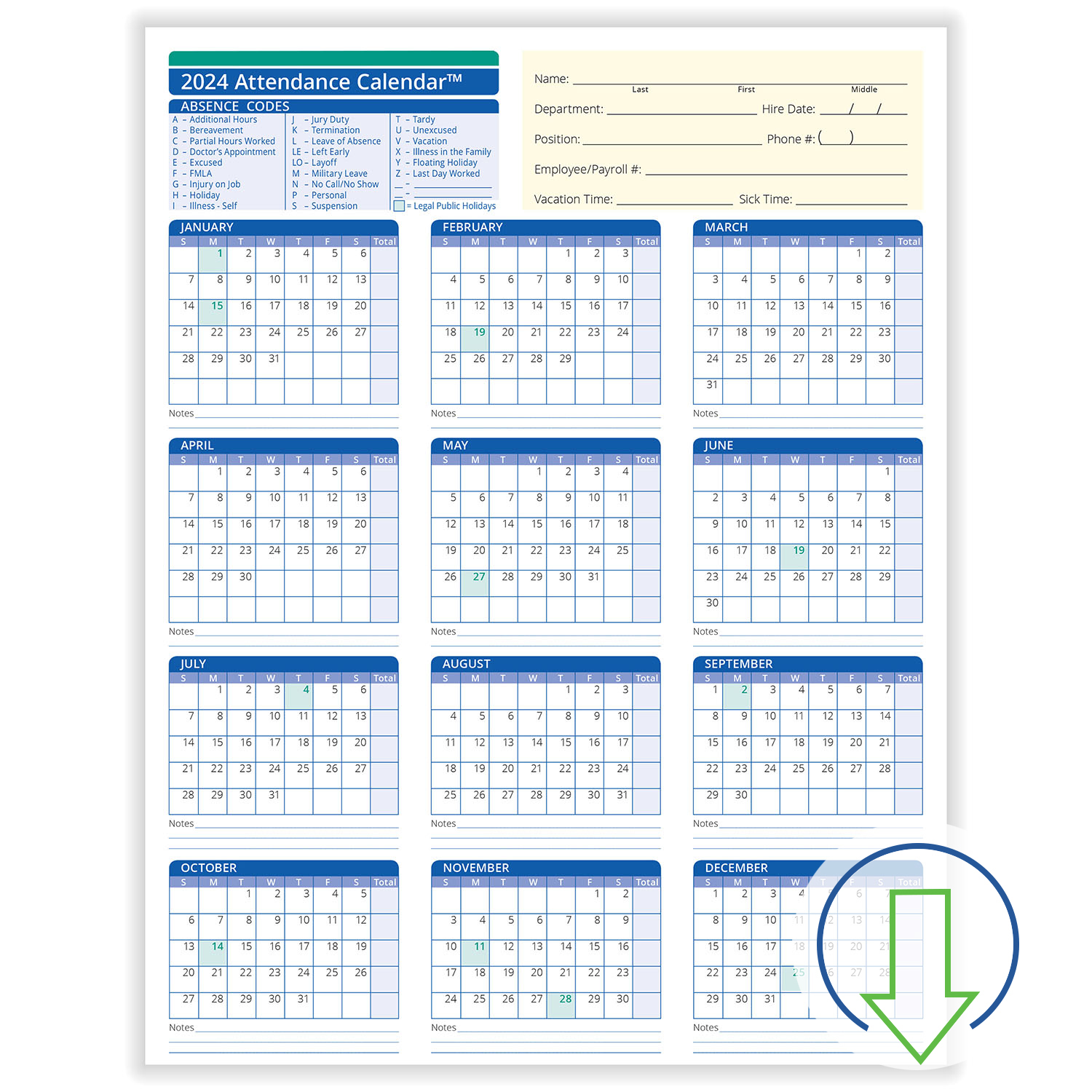 2024 Downloadable Employee Attendance Calendar