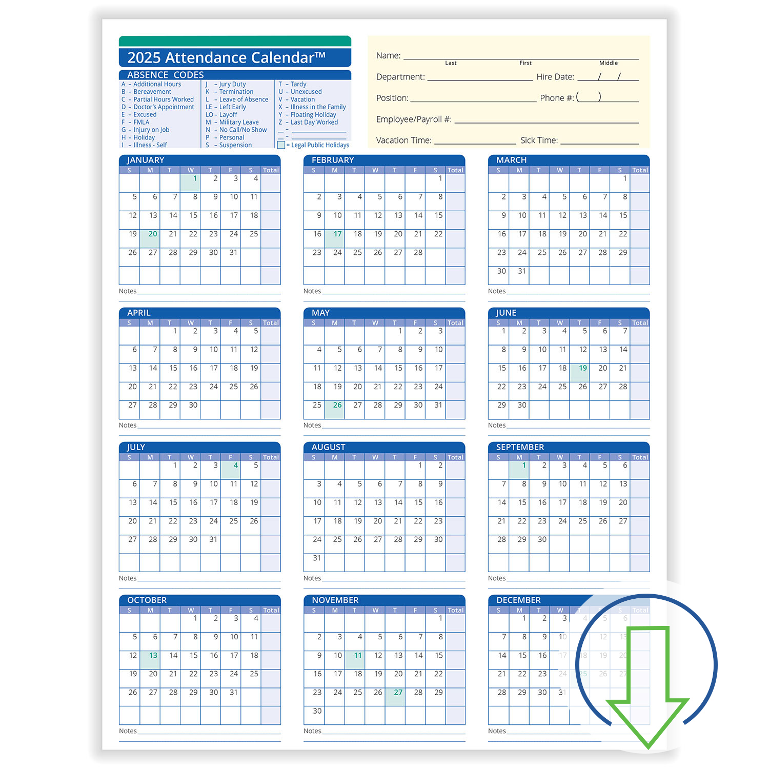 2025 Downloadable Employee Attendance Calendar | HRdirect