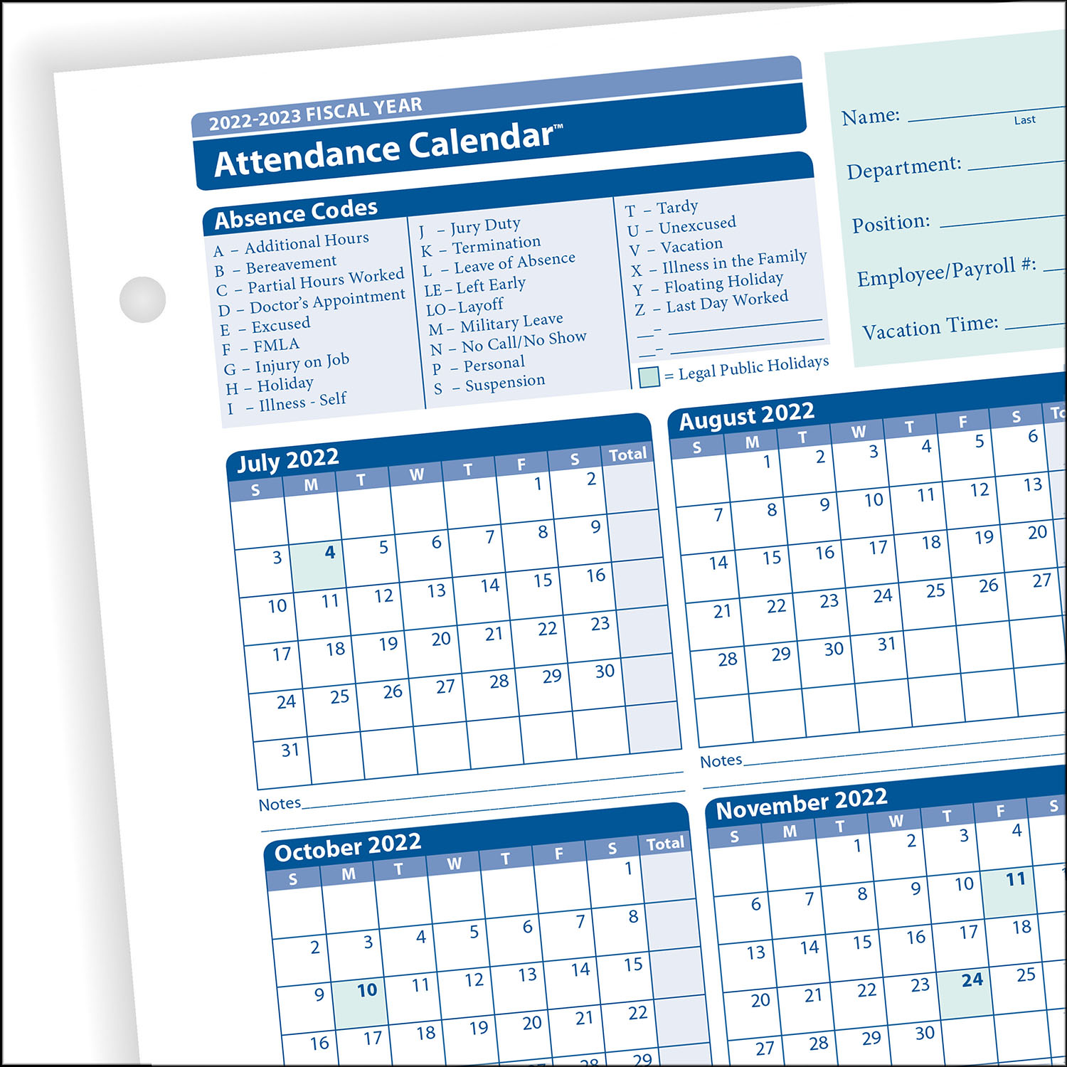 2022 Fiscal Year Attendance Calendar | Yearly Attendance | HRdirect