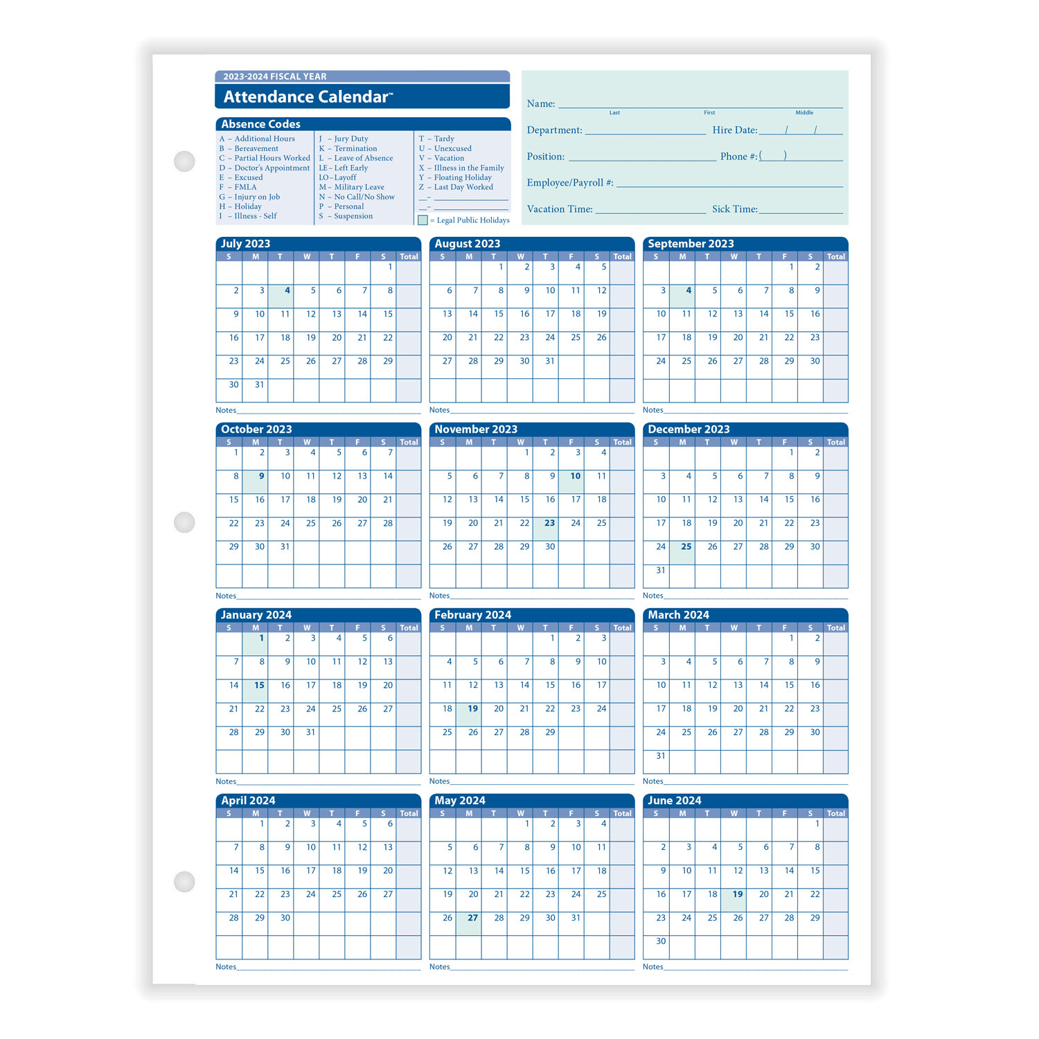 2023 Fiscal Year Attendance Calendar | Yearly Attendance | HRdirect