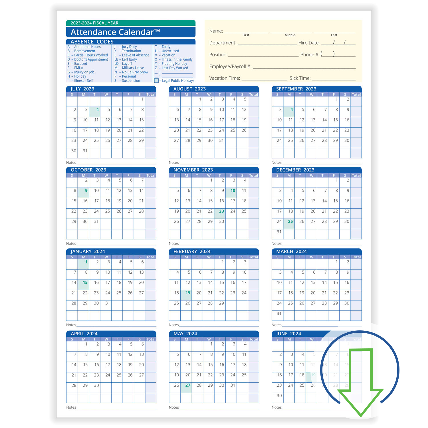 Picture of Fill-and-Save™ Fiscal Year Employee Attendance Calendar