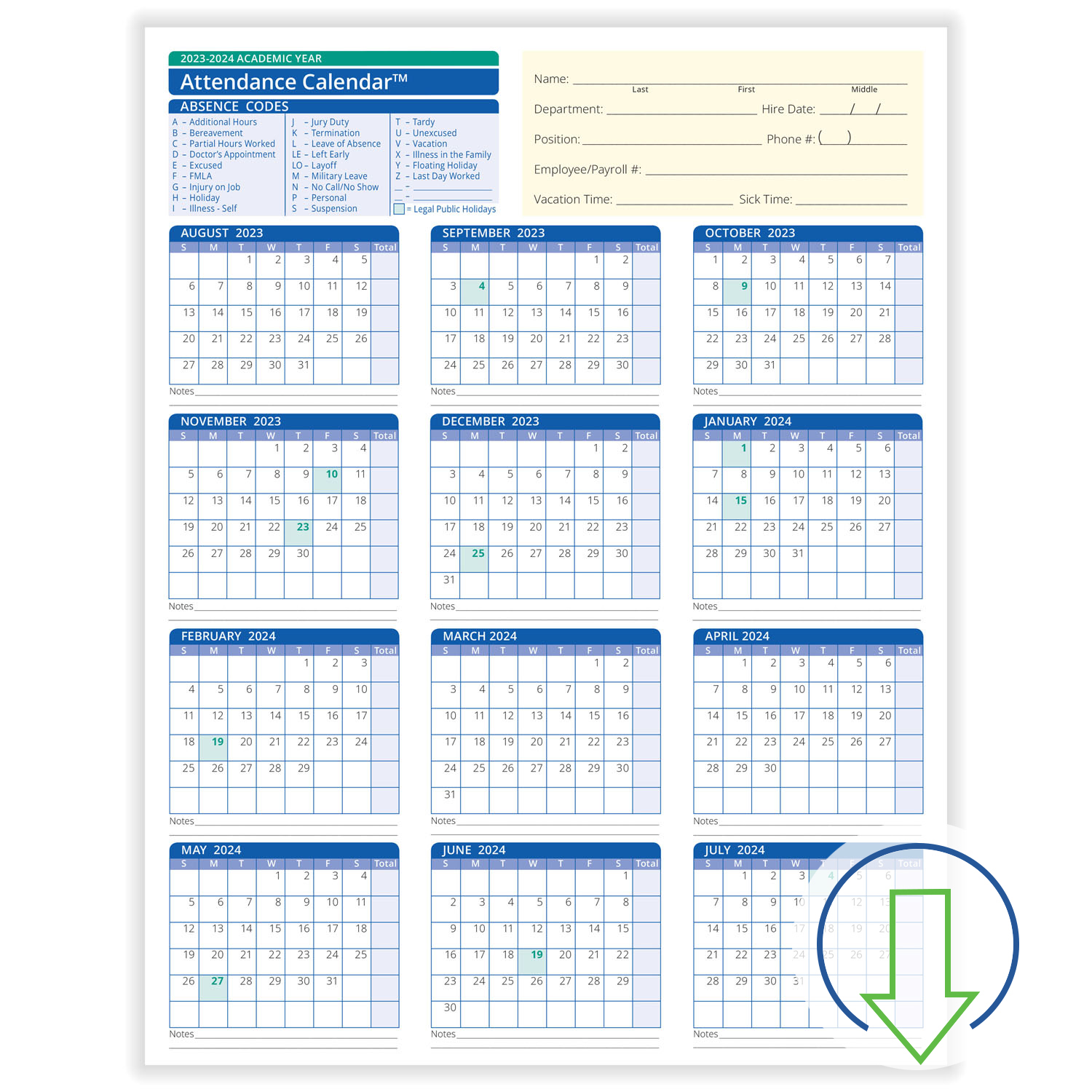 2023 Downloadable Academic Year Employee Attendance Calendar HRdirect