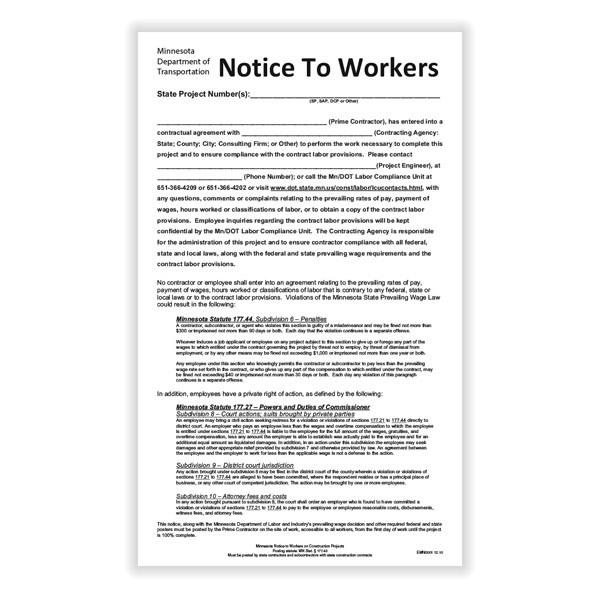 Picture of Minnesota Notice to Workers on Construction Projects Poster