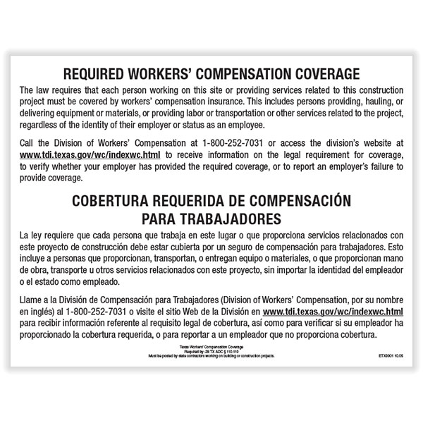Picture of Texas Workers' Comp Coverage Poster/Notice to Workers on Construction Projects