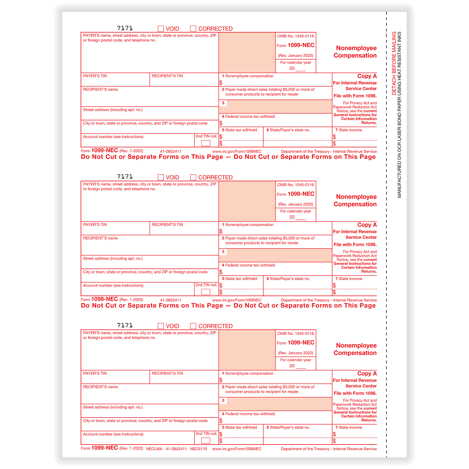 1099-NEC Federal Copy A Cut Sheet