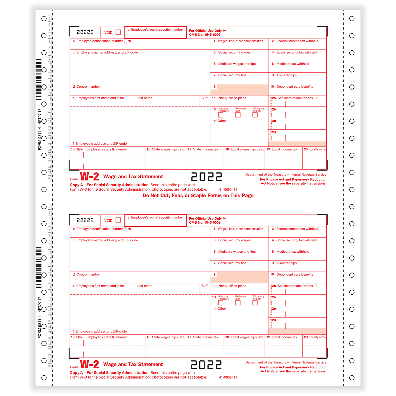 W-2 One Wide Continuous Tax Forms — 4-Part