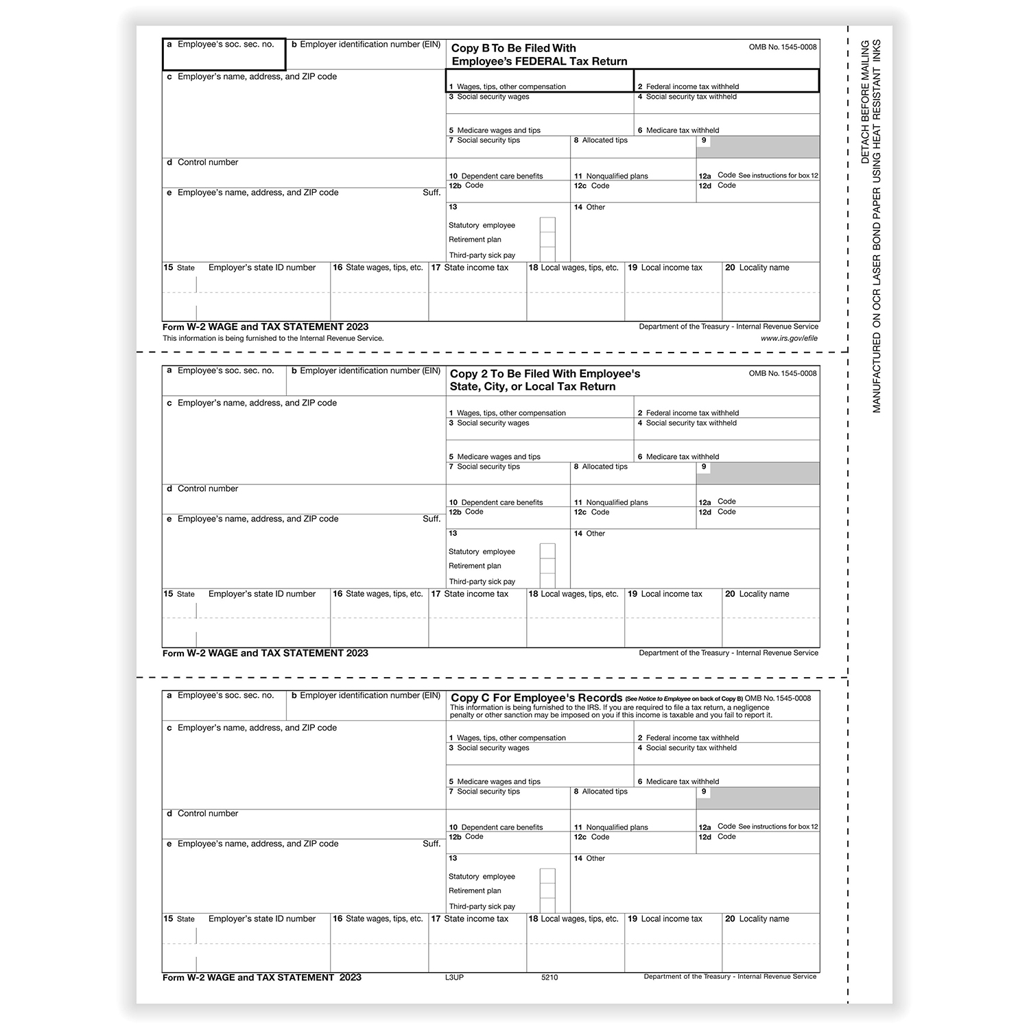 W-2 3-Up Preprinted Laser Horizontal Employee Copy B, 2, C (100 Pack)
