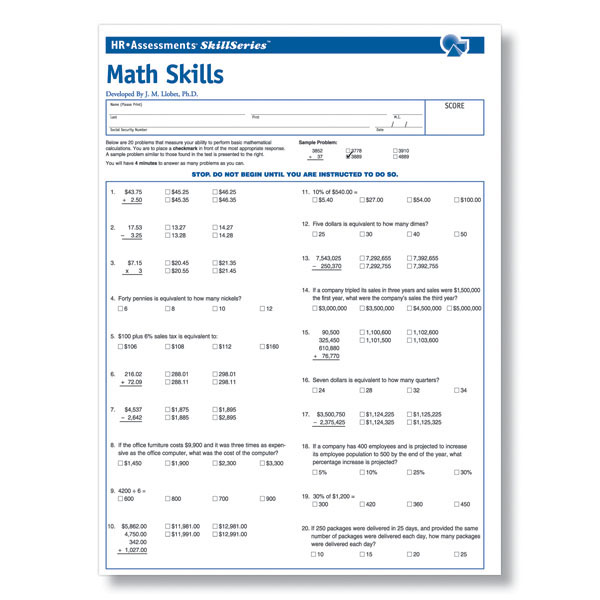 Workplace Math Skills Test Math Assessment Test Hrdirect