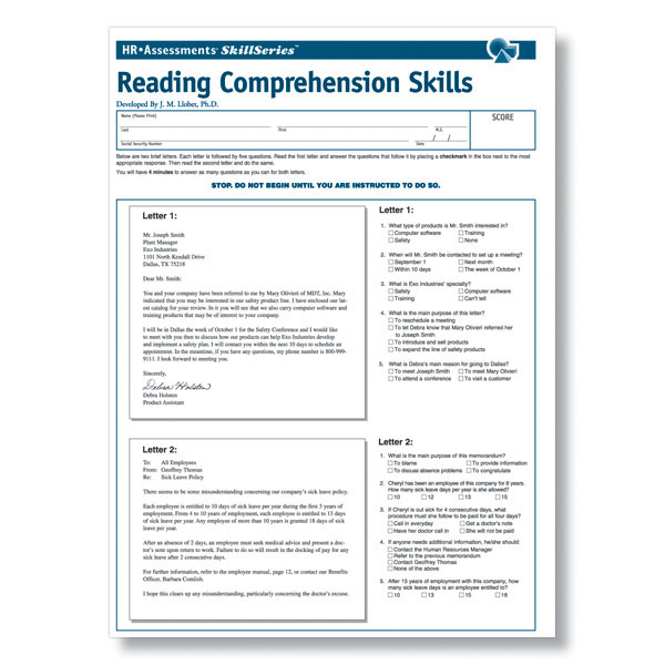 Workplace Reading Comprehension Skills Test Pre Employment Tests